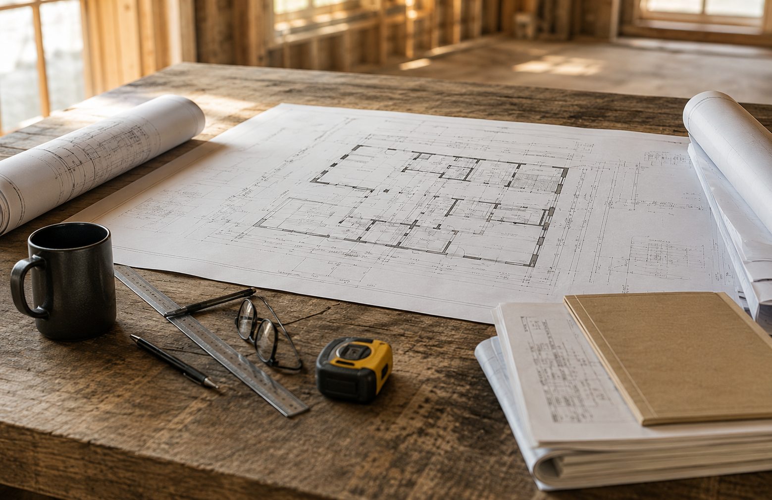 Contractors reviewing residential construction plans for one coordinated project